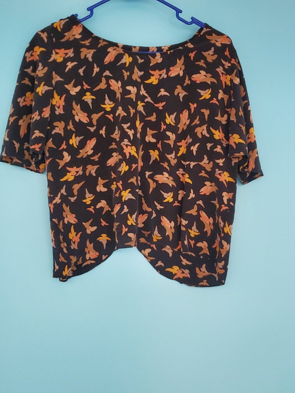 MYNE Blouse Size 8 Silk Bird Print Open Back